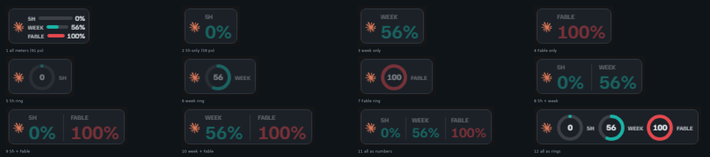 The twelve Claude usage views in the full Title Bar, each slot exactly as wide as its view needs