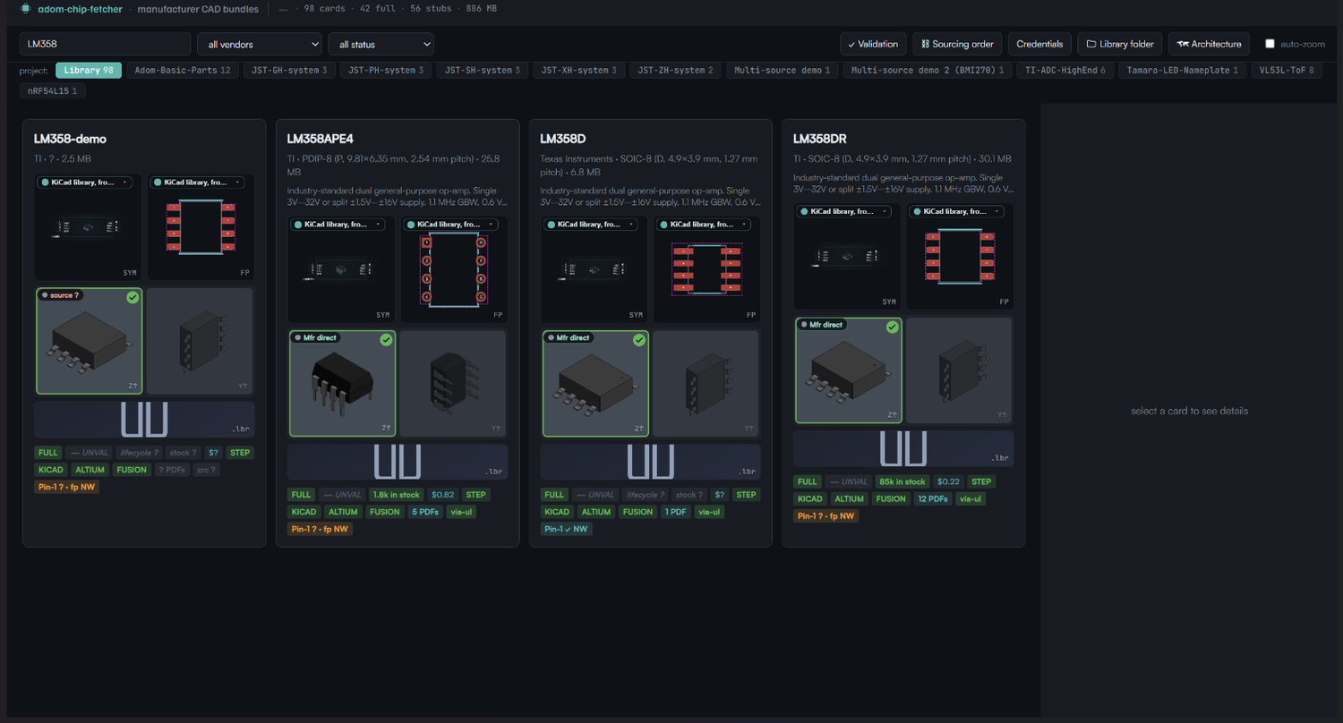 The chip-fetcher dashboard: per-part cards with symbol / footprint / 3D, source carat, and Pin-1 alignment status