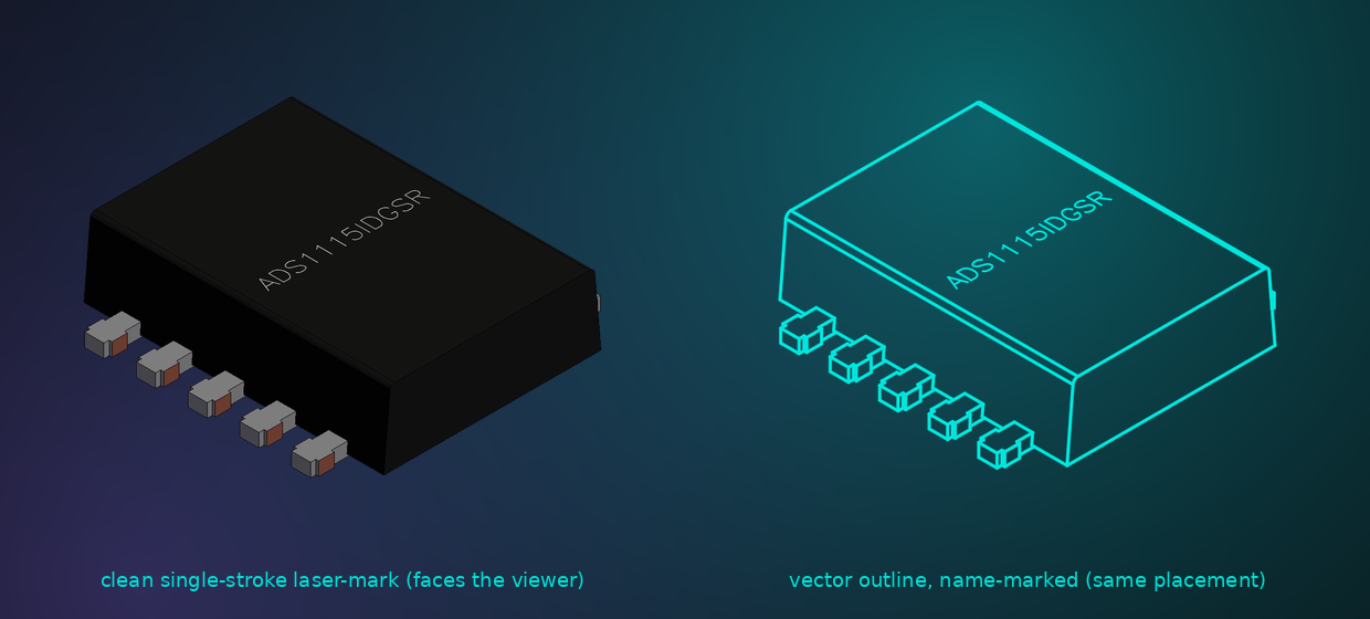 Clean single-stroke laser-mark of the part number on the chip, plus the name-marked vector outline