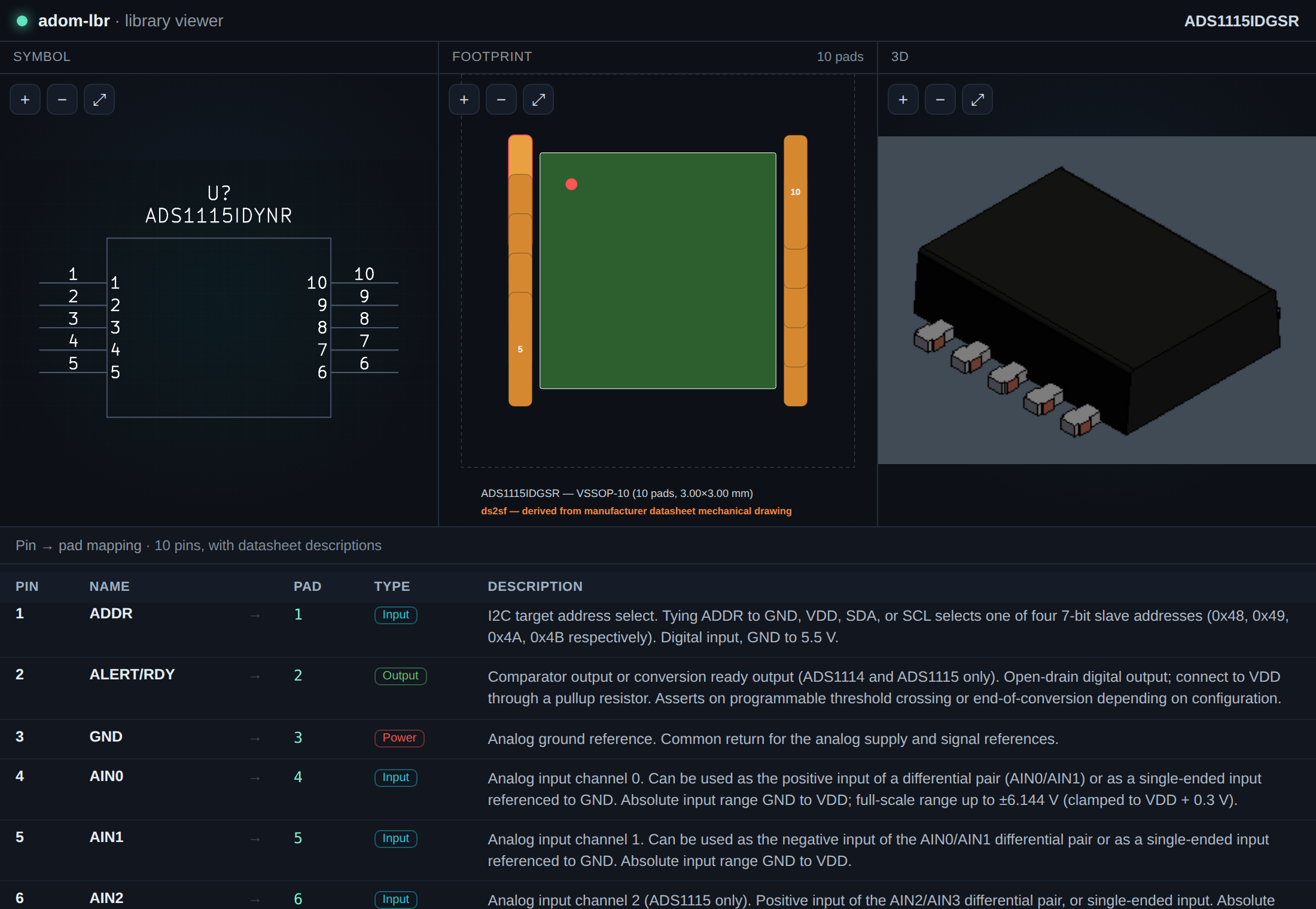 The Fusion-style 3-column viewer: symbol, footprint, 3D, and the pin→pad mapping table