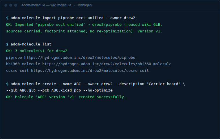 adom-molecule CLI session