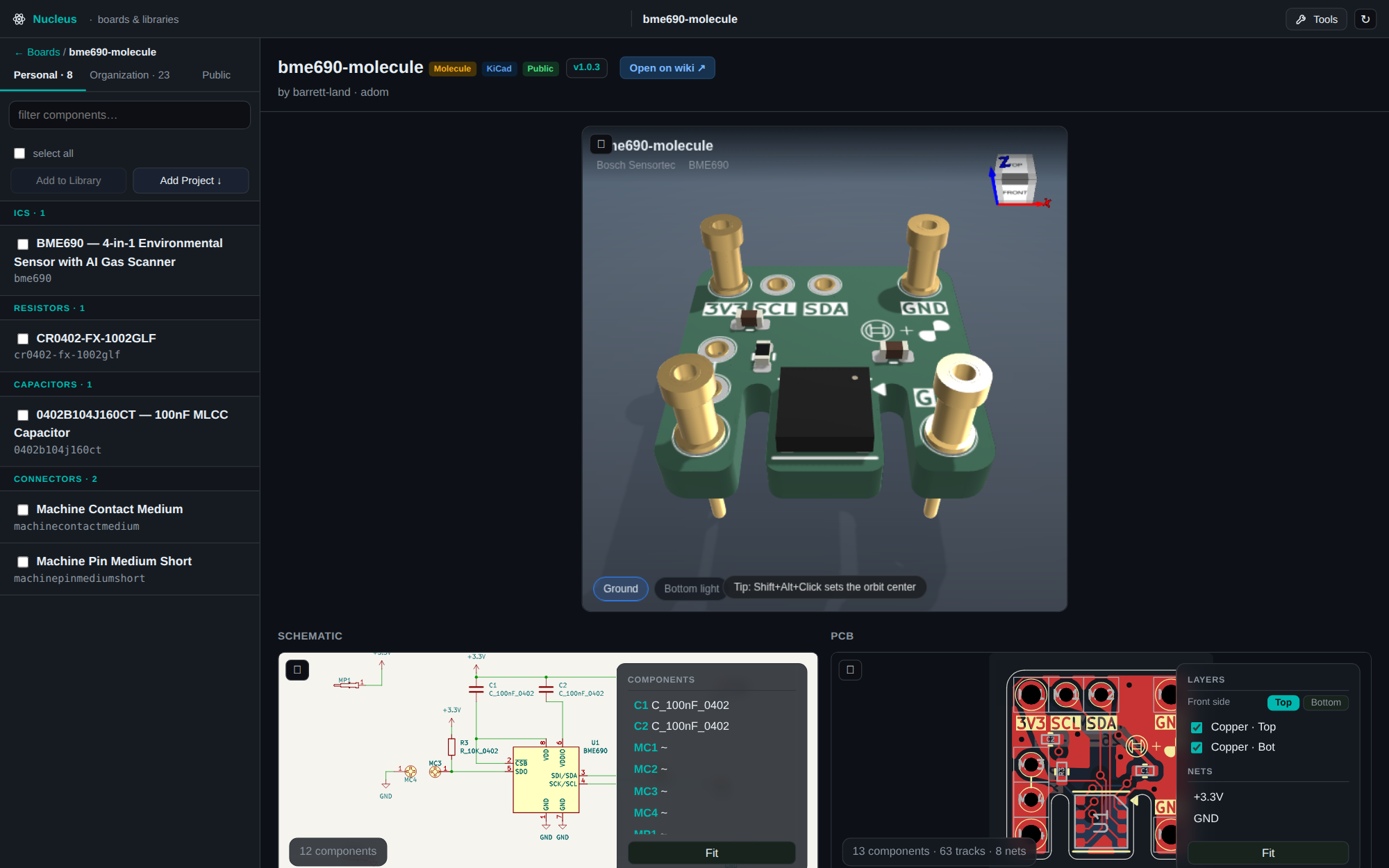 Interactive board view with a net highlighted