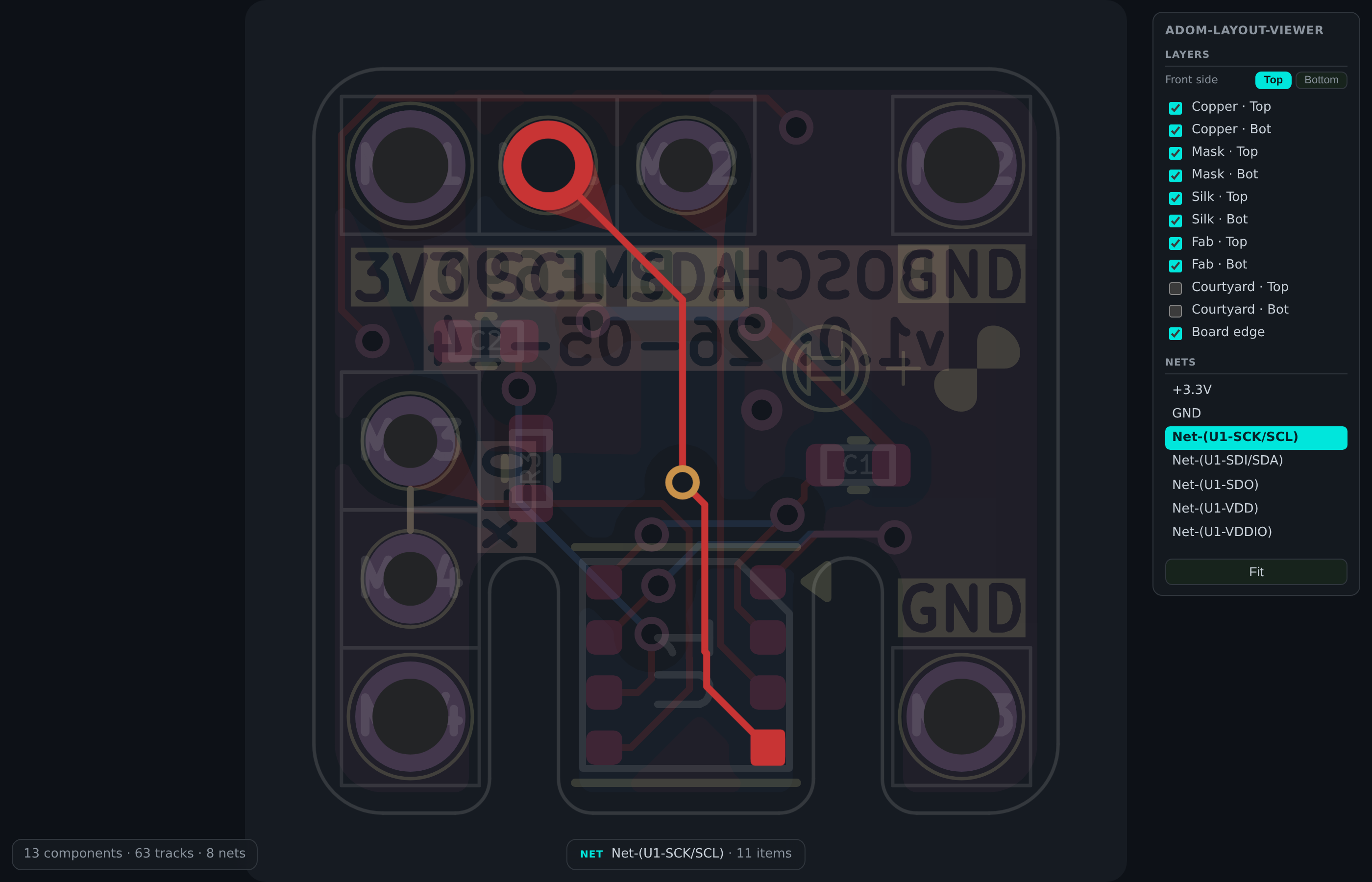 Interactive board view with a net highlighted