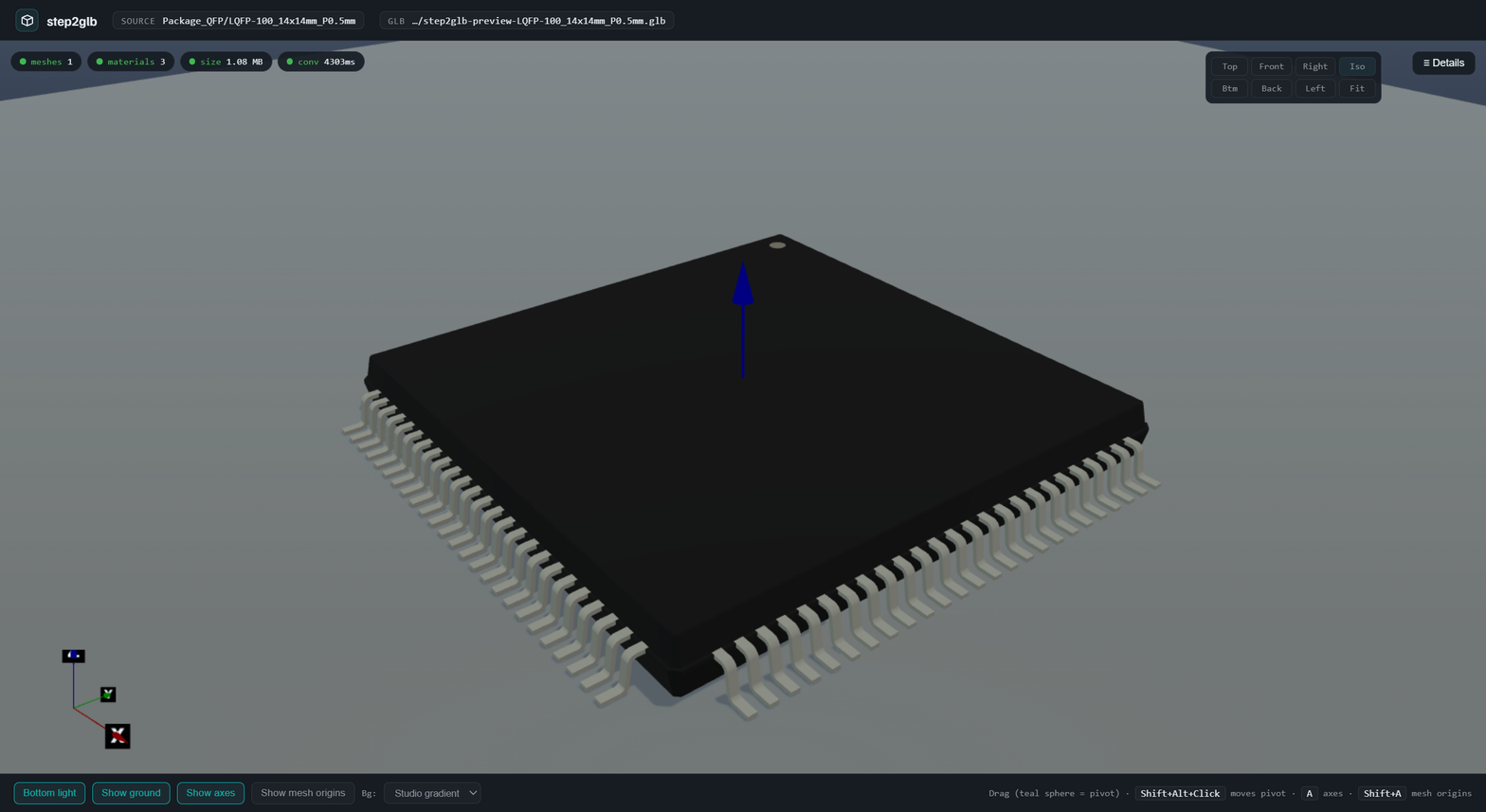 step2glb preview — LQFP-100 converted from STEP with colors preserved + ground plane + cast shadow