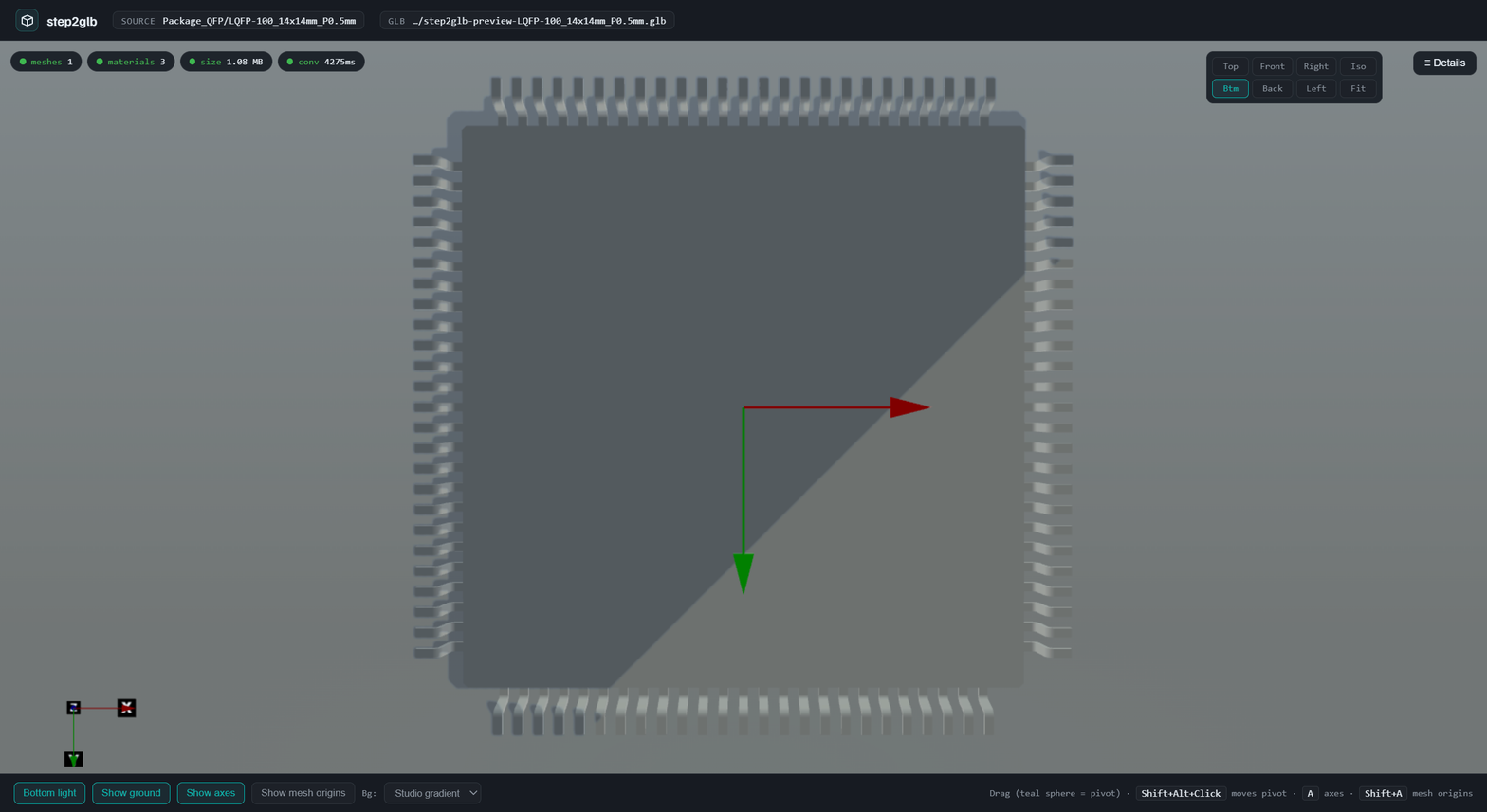 Bottom view — chip visible through the 65%-transparent ground plane