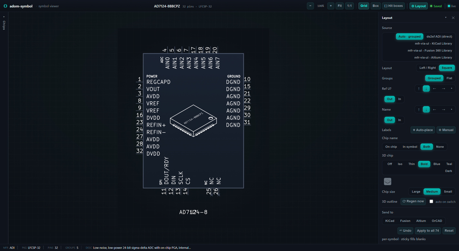 The adom-symbol live viewer — an ADC symbol with its 3D-chip outline lasered into the body, beside the docked Layout studio
