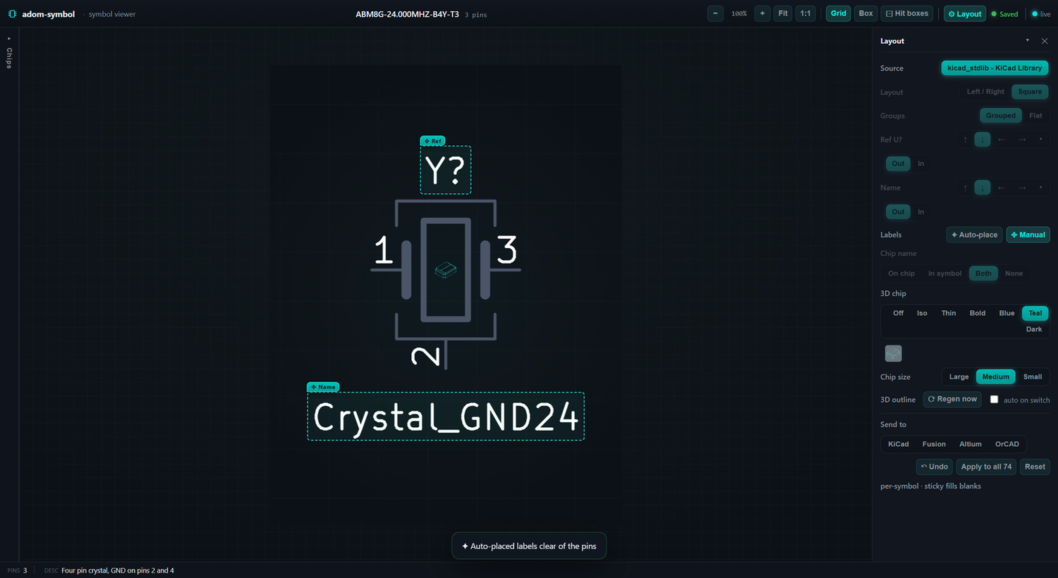 Manual label mode on a crystal — the Reference (Y?) and chip name (Crystal_GND24) each wrapped in a drag-outline you position by hand