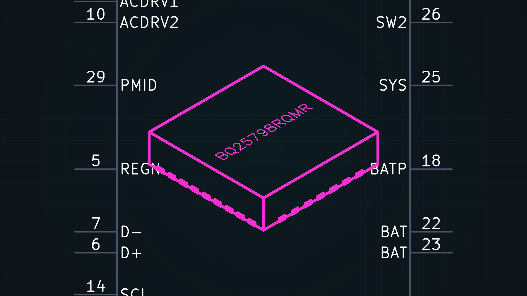 Magenta outline contract centered in the symbol body, framed by the pins