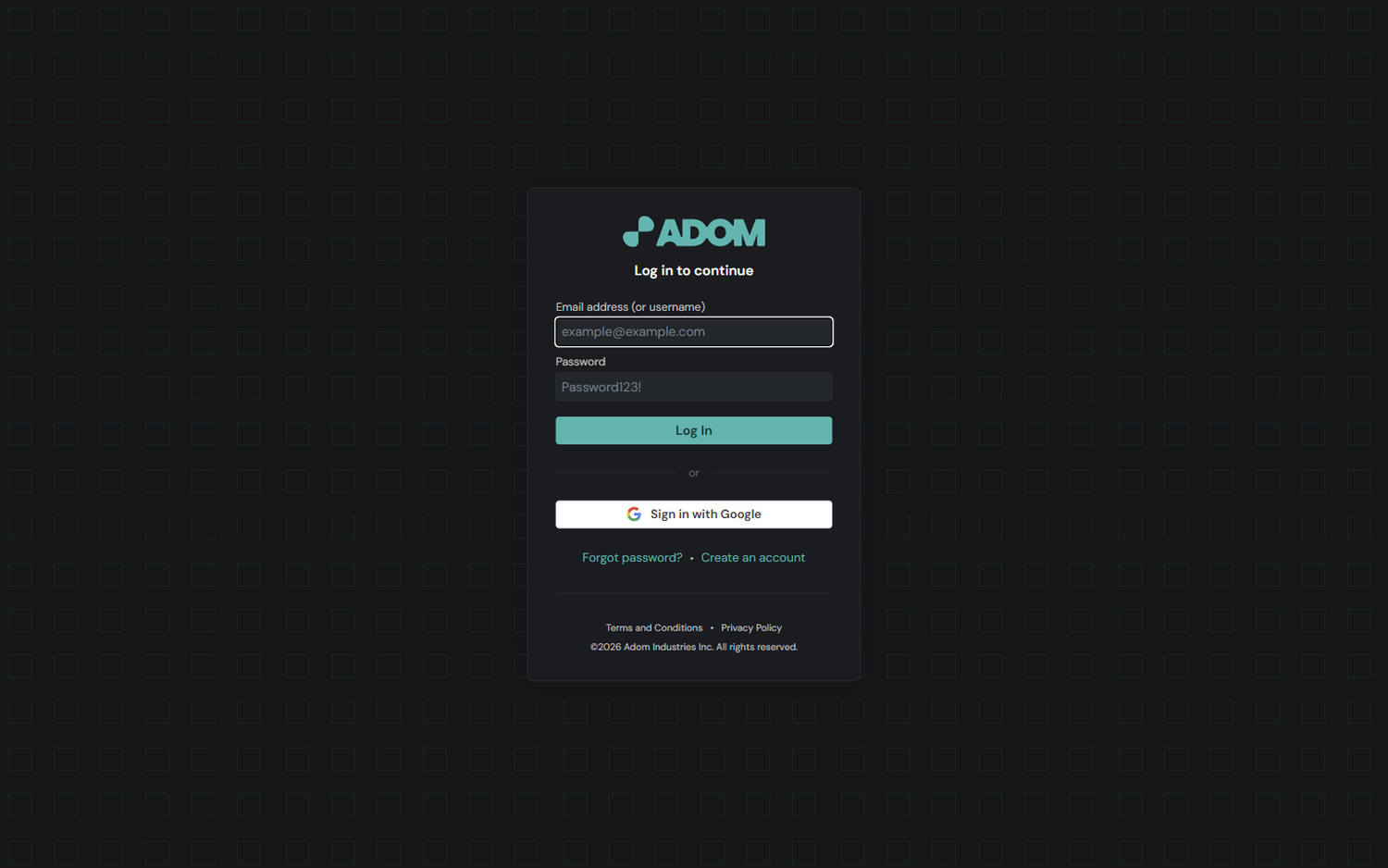 Adom auth page