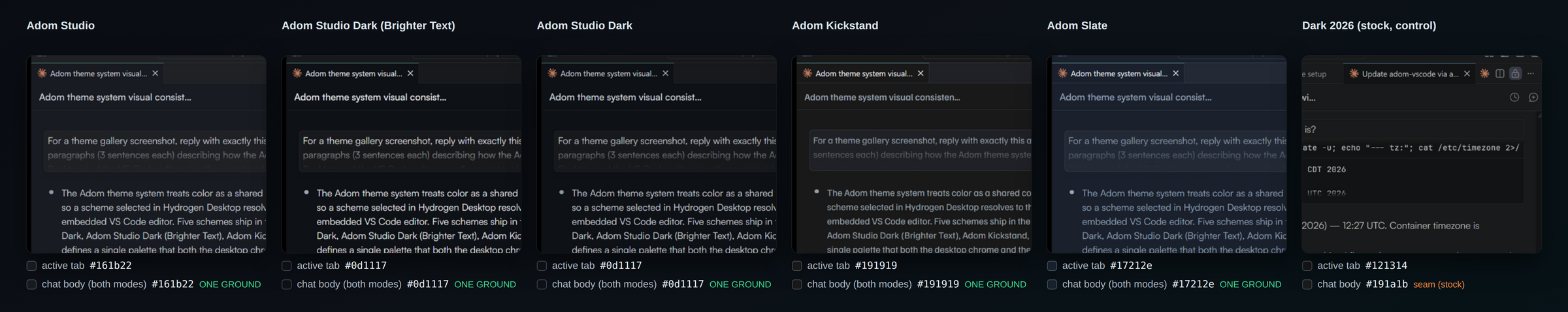 Active tab vs chat body, measured, all themes + control