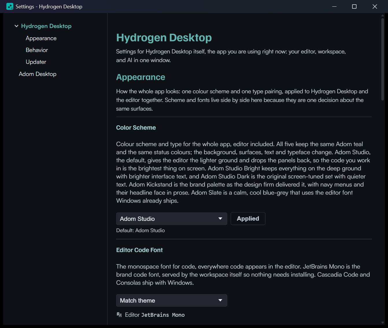 Hydrogen Desktop settings, Appearance section at defaults