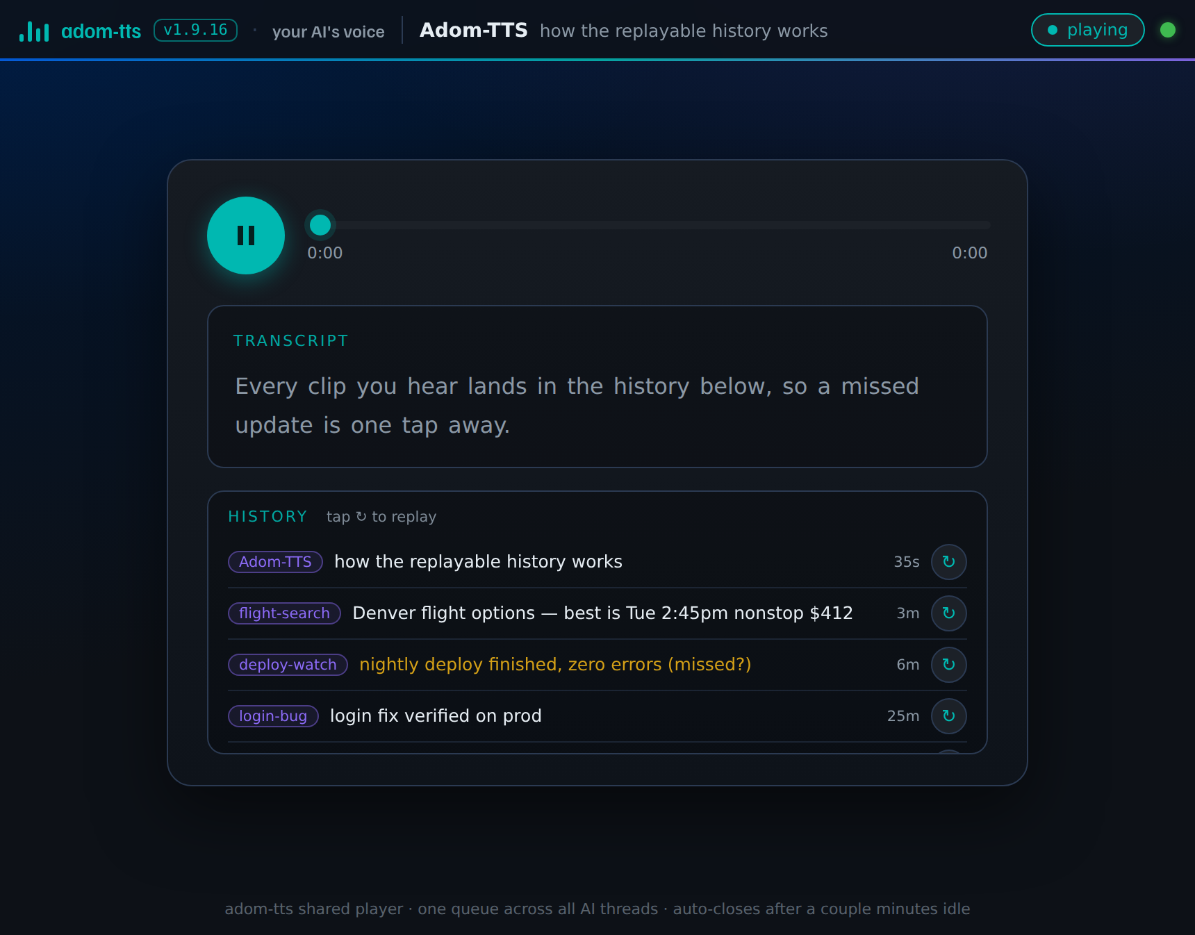 History drawer listing recent clips from several AI threads, one flagged as missed, each with a replay button