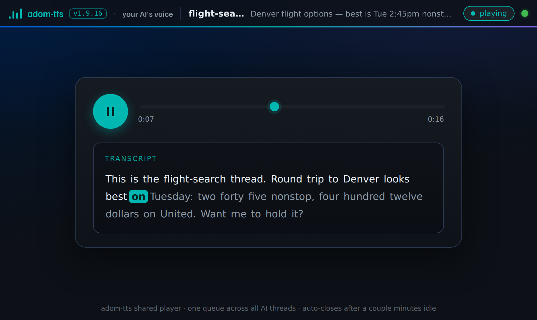 The shared player mid-clip: thread + description in the header, karaoke transcript, playing state