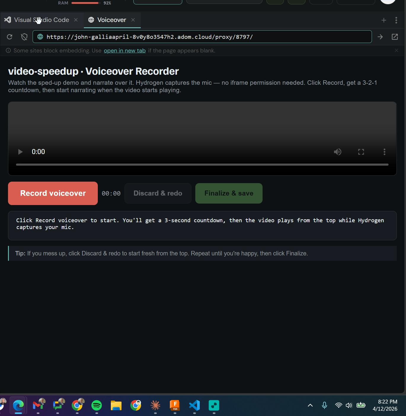 The voiceover overlay: record a narration over the sped-up video, keep every take, auto-level each one to EBU R128.