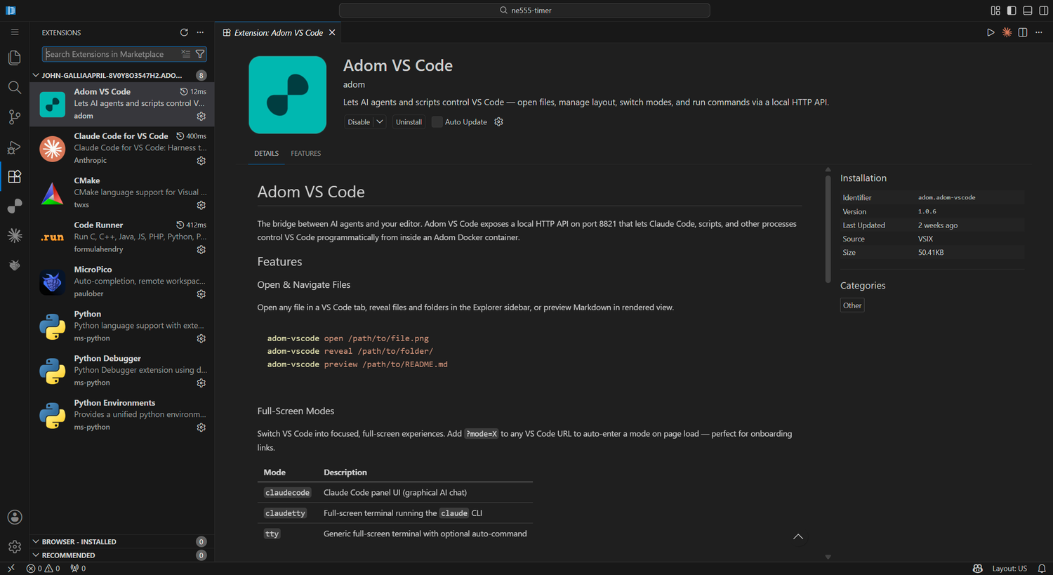 adom-vscode in the Extensions sidebar with the detail tab open, showing description, version 1.0.6, and the in-editor README