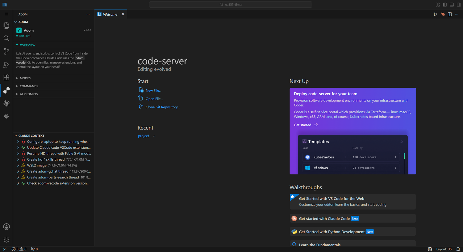 adom-vscode panel — activity bar sidebar with Overview, Modes, Commands, AI Prompts, and the Claude Context viewer listing live sessions