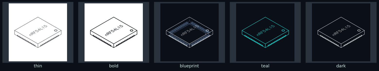 Five vector-outline styles: thin, bold, blueprint, teal, dark