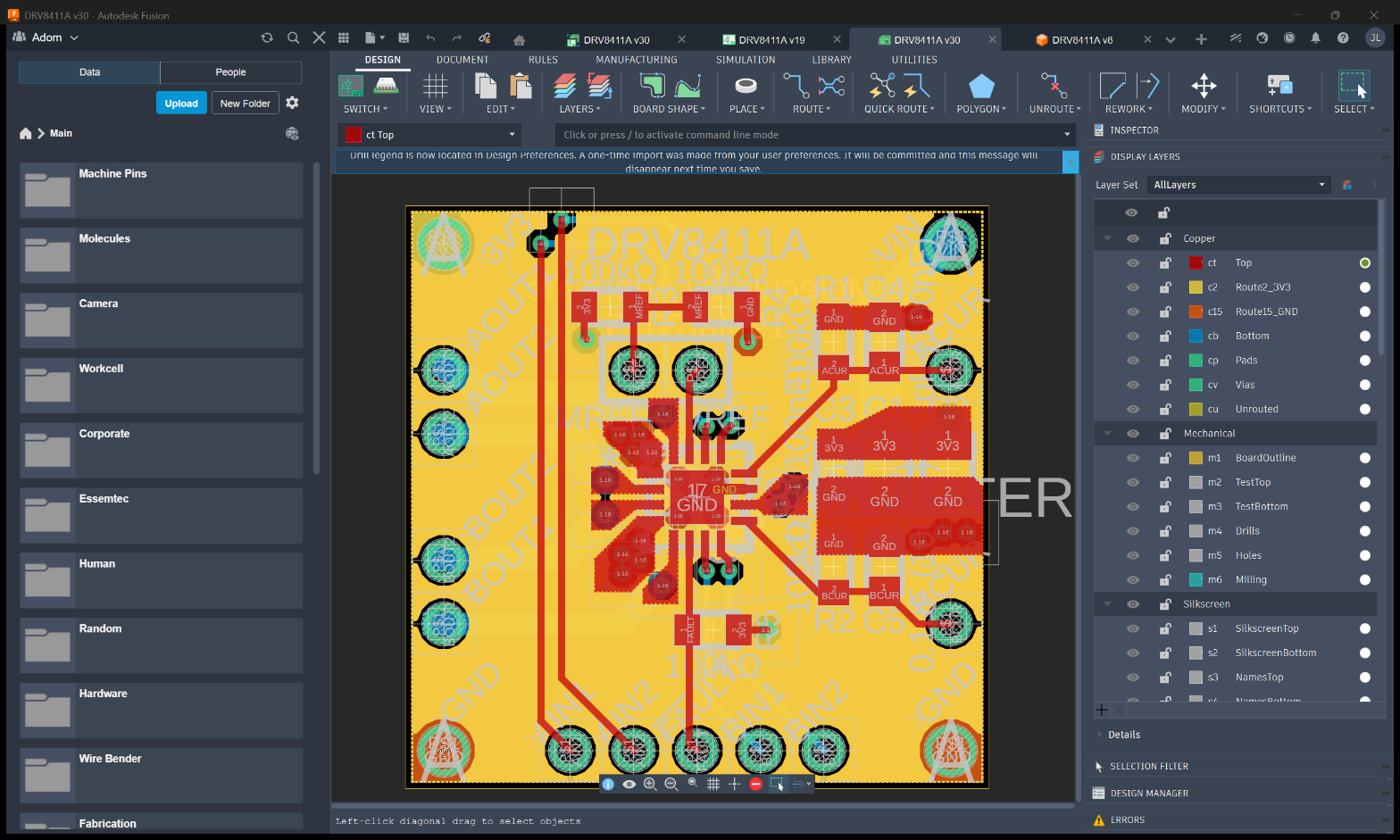 DRV8411A copper layout in the Fusion Electronics editor