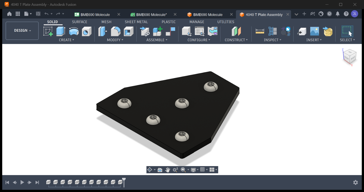 The 4040 T Plate mechanical assembly open in Fusion's Design workspace