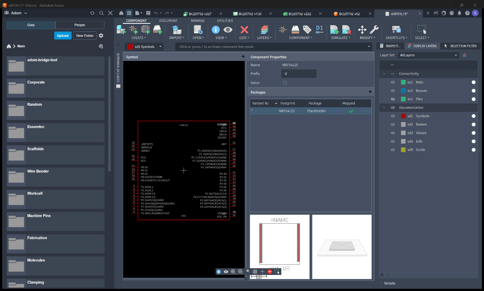 Library open in the Electronics Library editor; symbol + footprint mapped, 3D still a placeholder