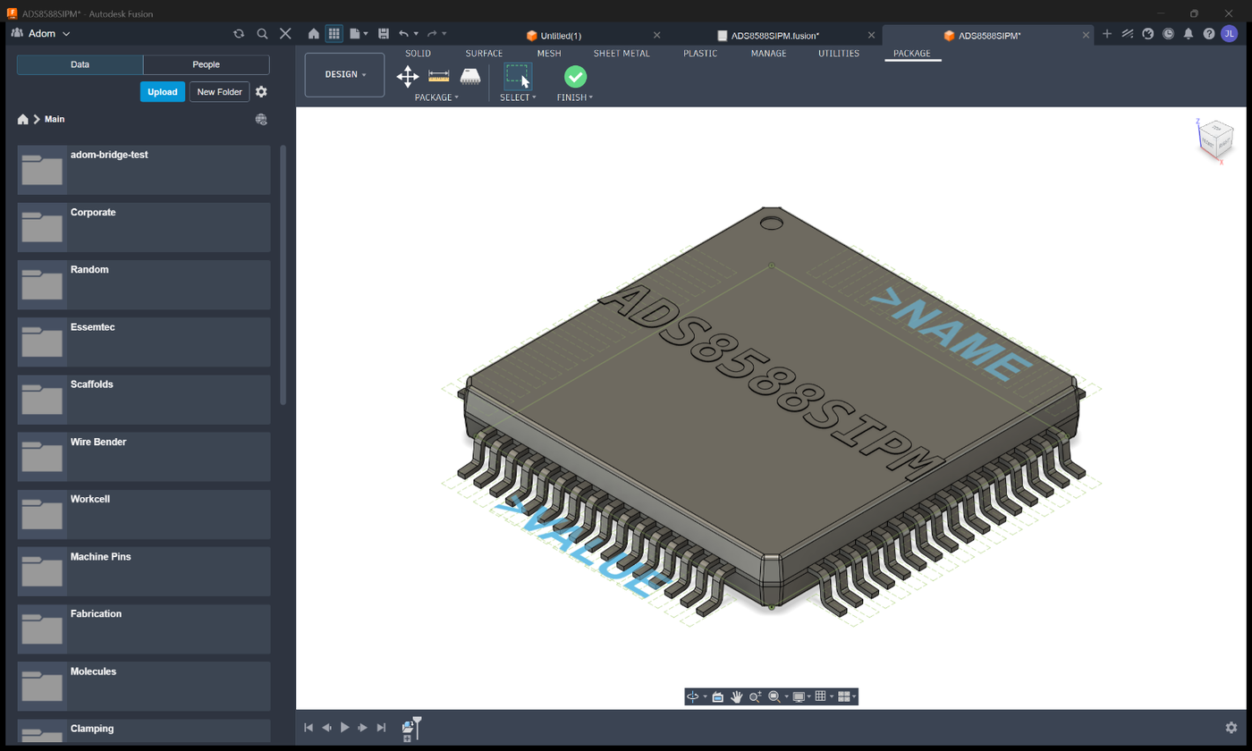 The ADS8588SIPM chip seated on its matched 4-sided LQFP-64 footprint in the Package3D viewer