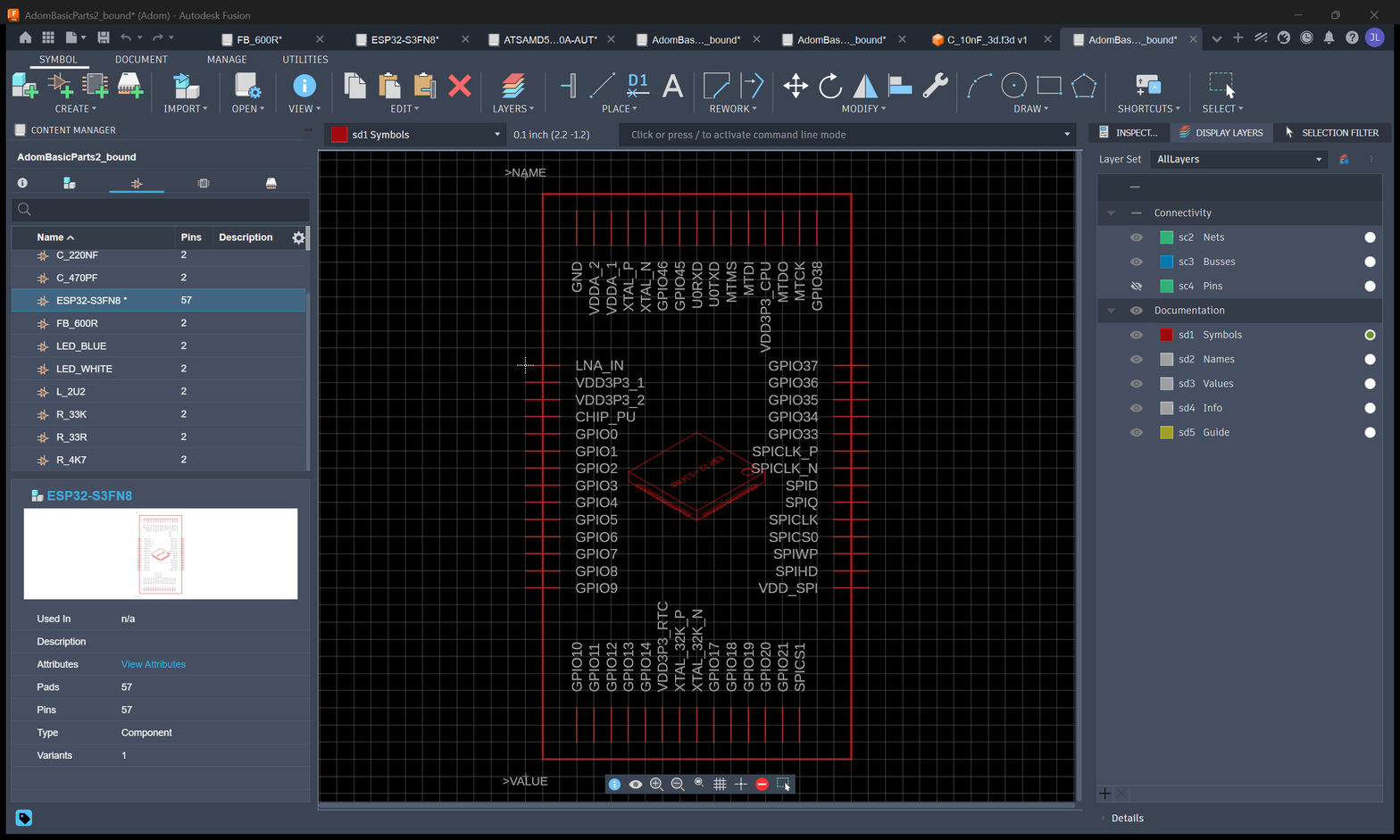 A part's schematic symbol in the library editor