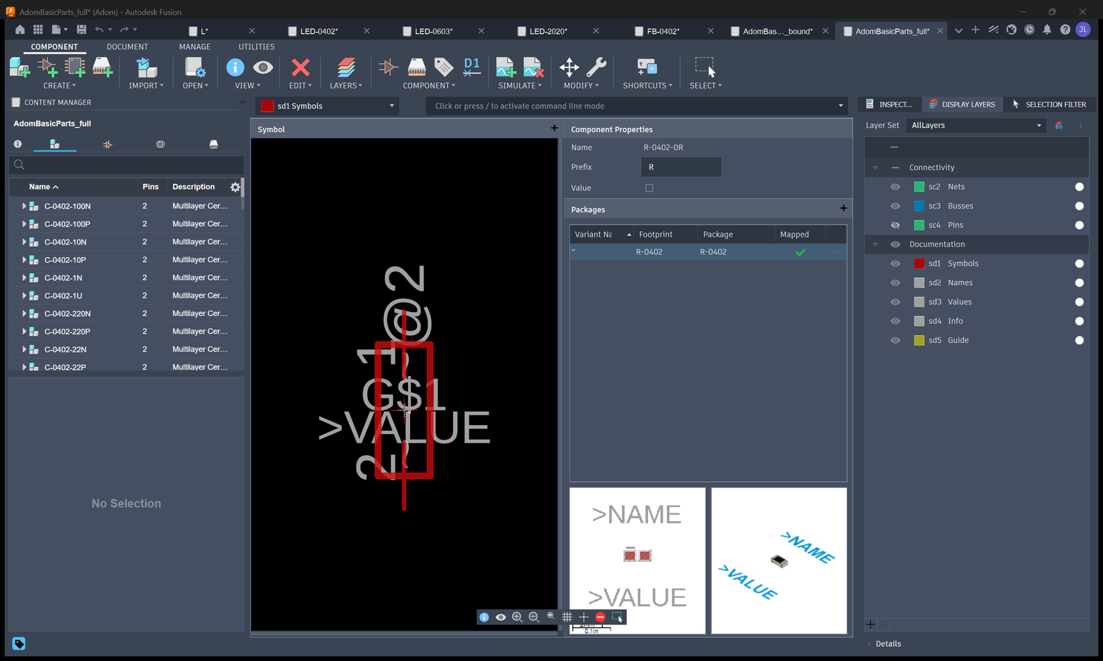 The 138-part Adom basic parts library in the Fusion library manager