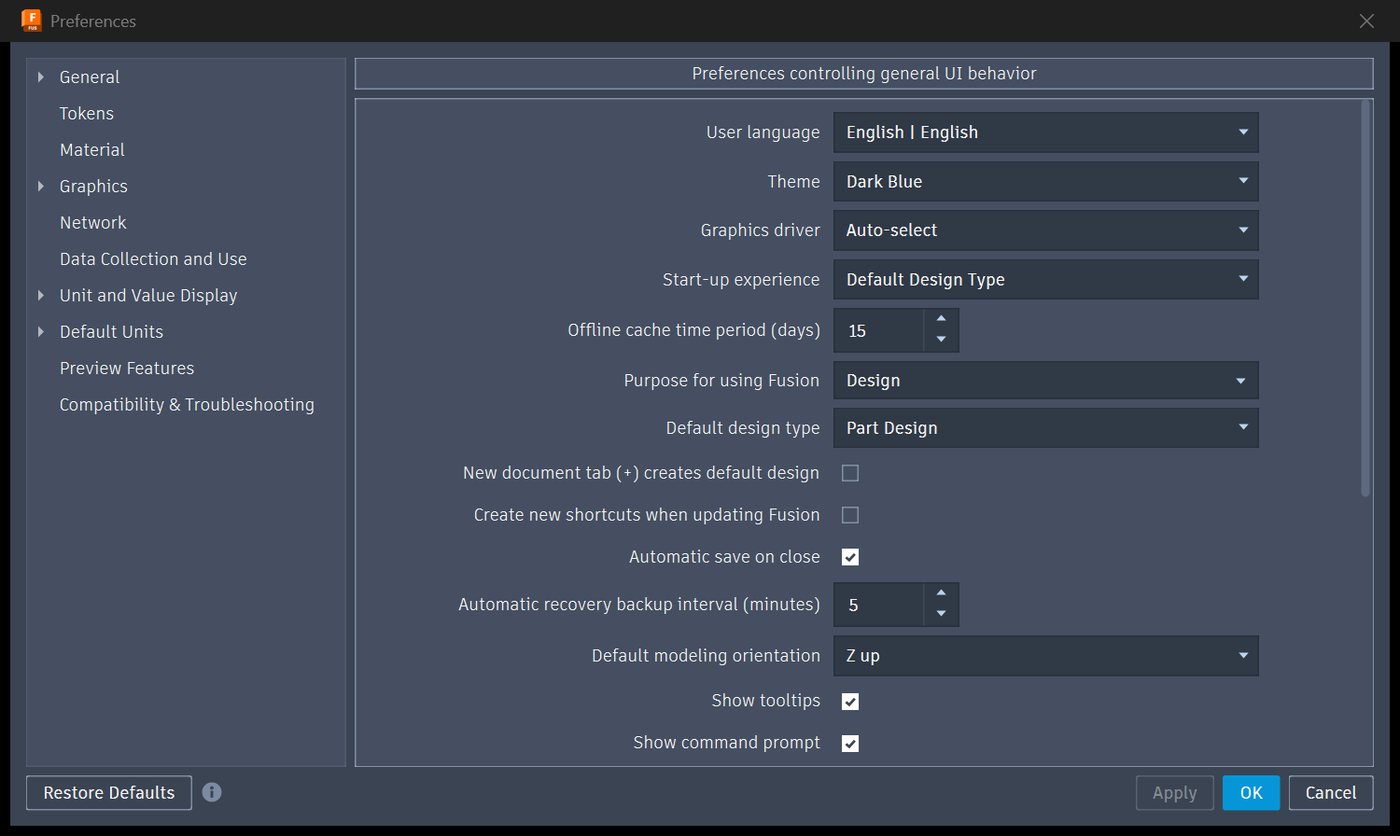Preferences open on the General page