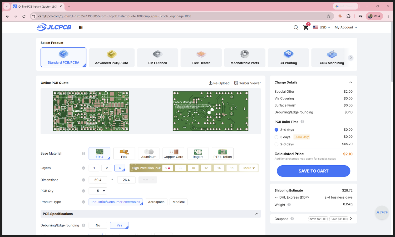 JLCPCB rendering the board in your logged-in Chrome