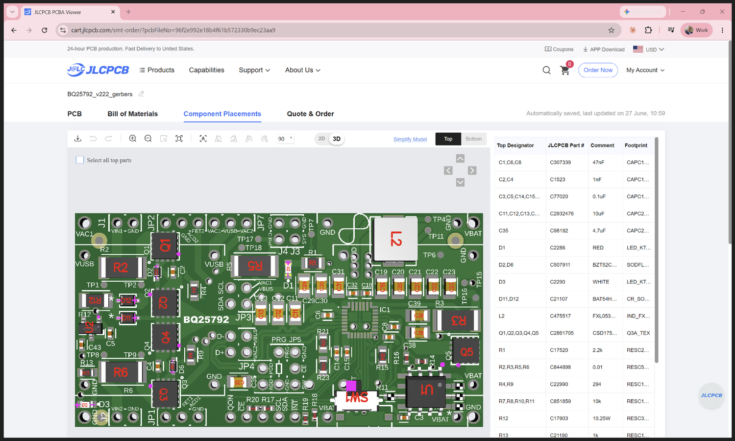 Component placement and rotation preview on the board