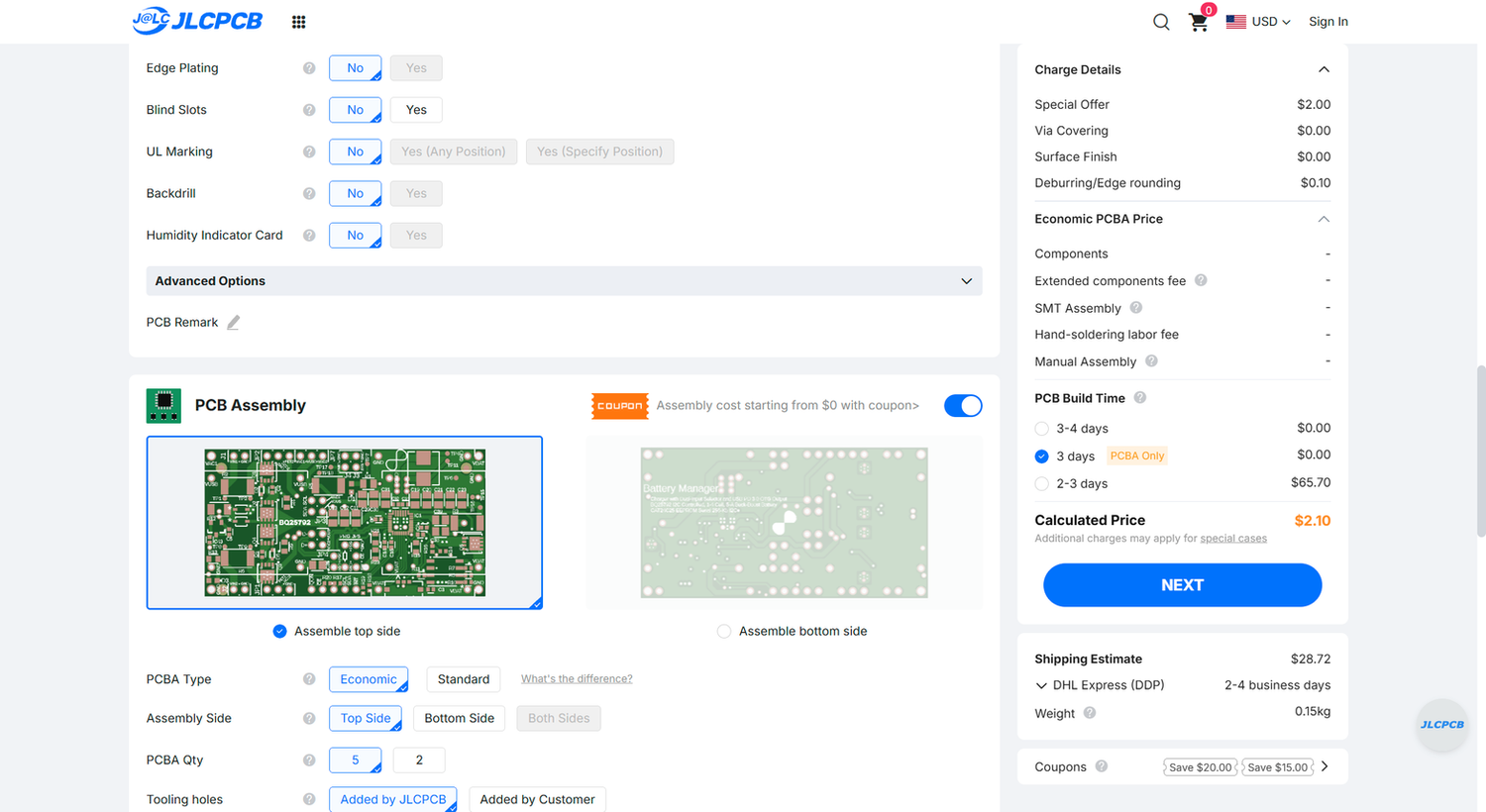 Enabling PCB Assembly and choosing the PCBA options
