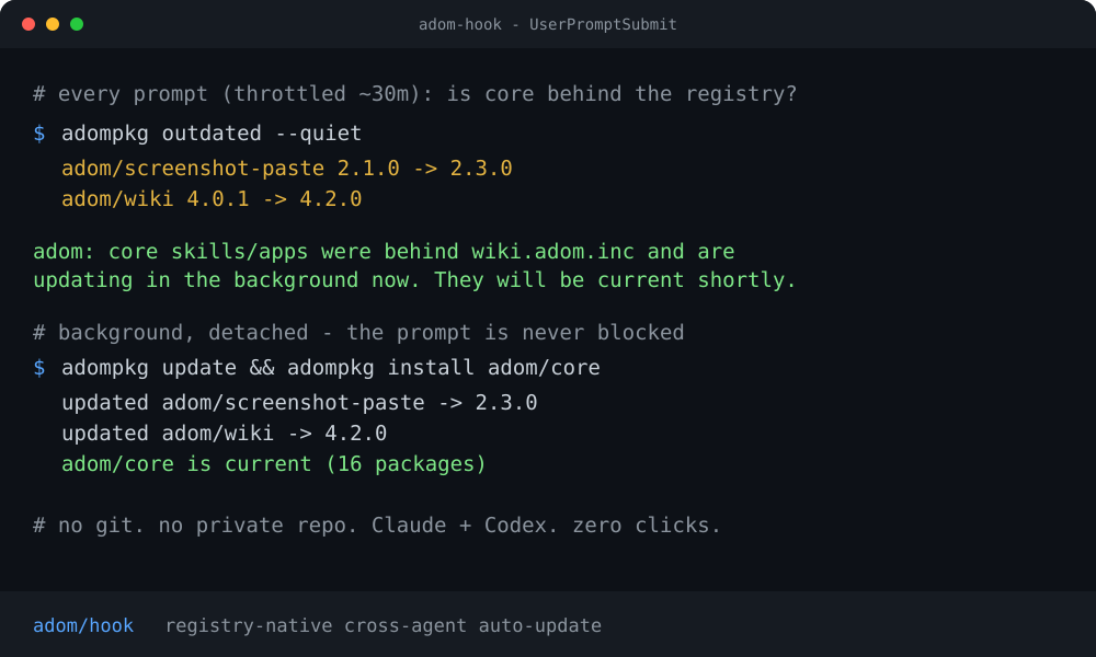 adom-hook updating core in the background on a prompt
