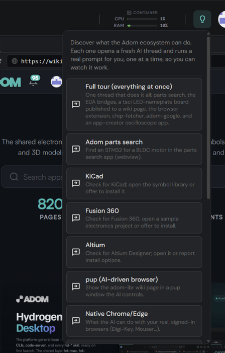 The lightbulb menu open in Hydrogen Desktop