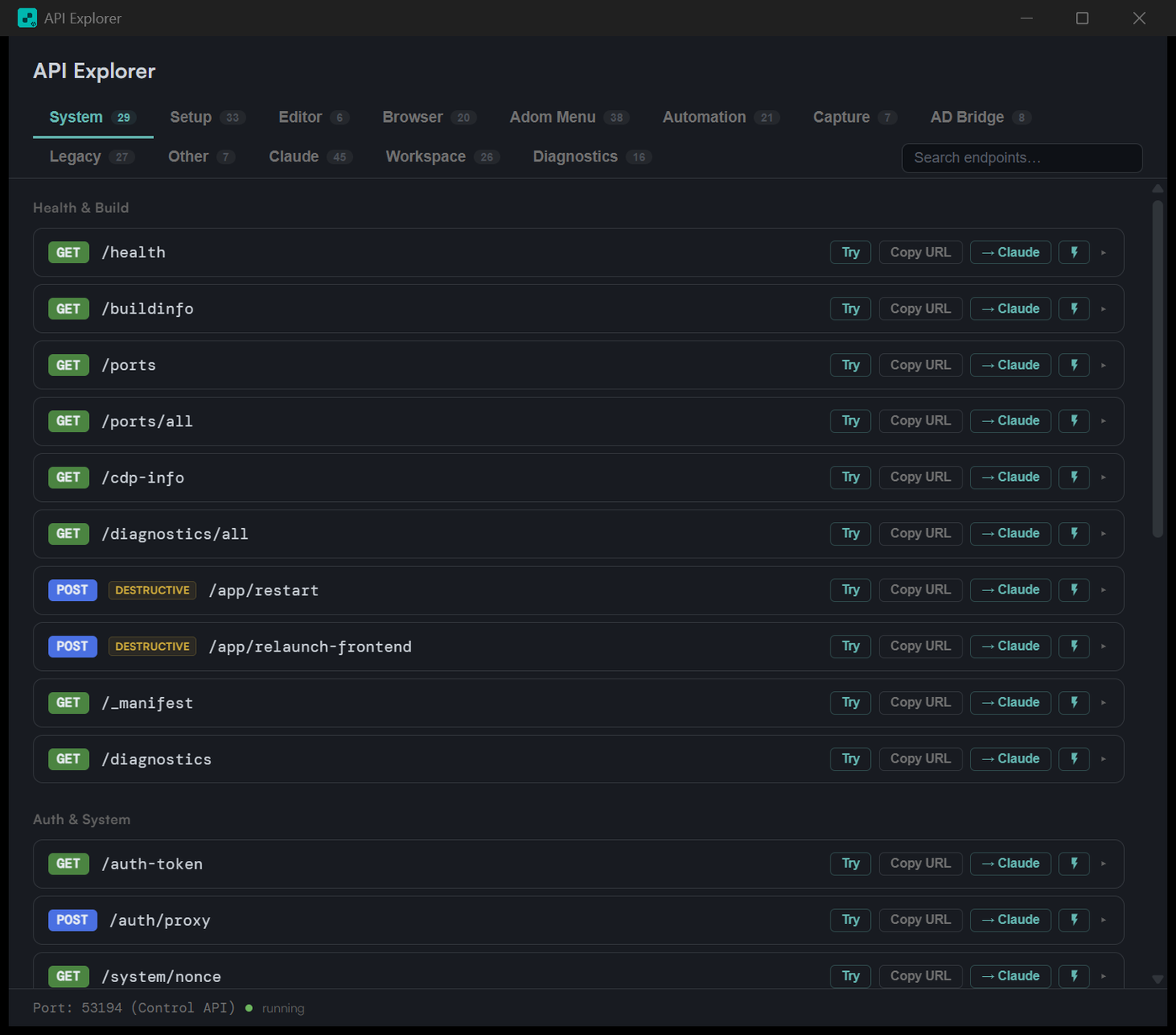 The API Explorer: every control-API endpoint, browsable and testable