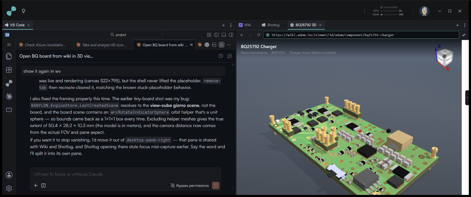 Hydrogen: a live AI thread on the left, the 3D board viewer on the right, your editor in the middle of it all