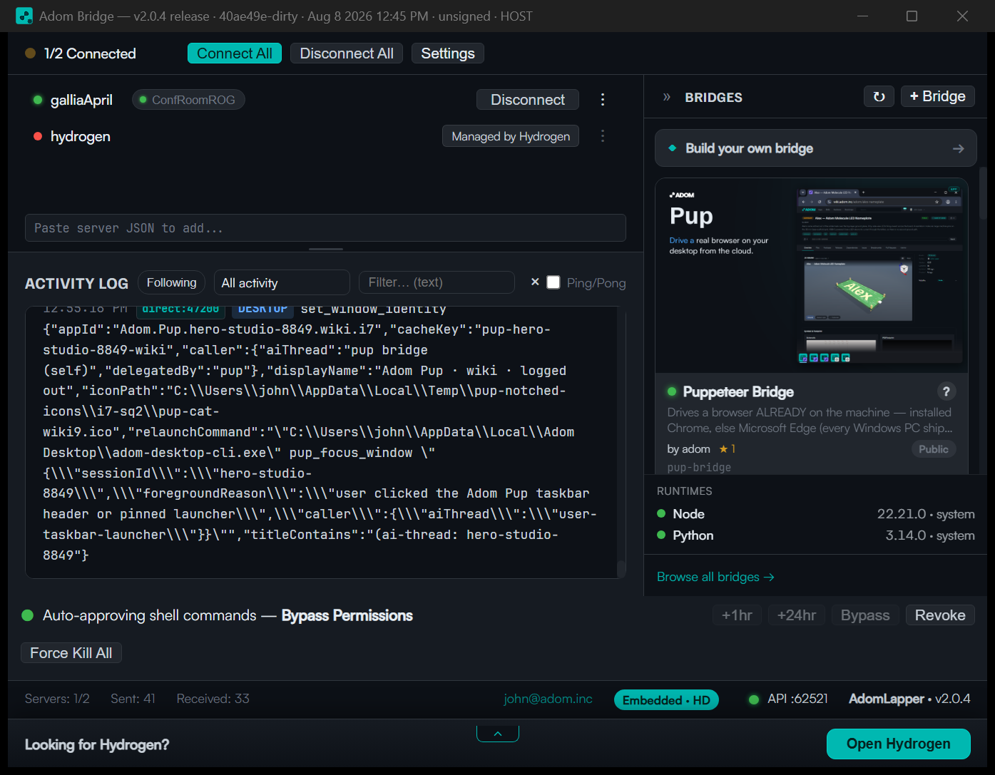 Adom Bridge running embedded under Hydrogen: connections, activity log, bridges, runtimes