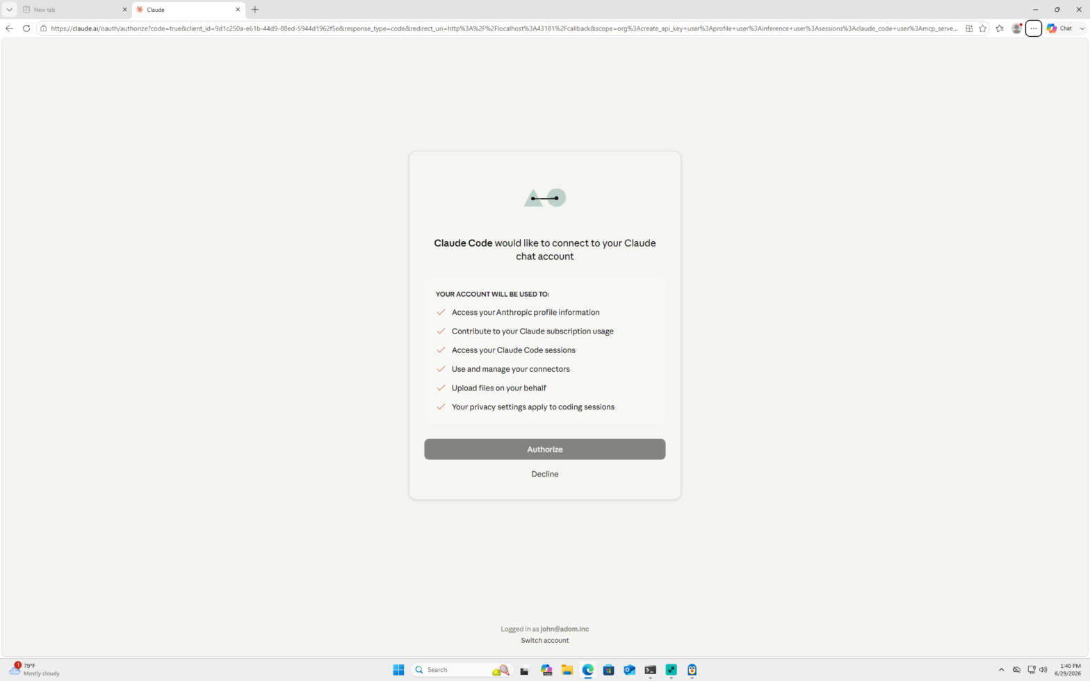 Sign in to Claude — the Authorize screen