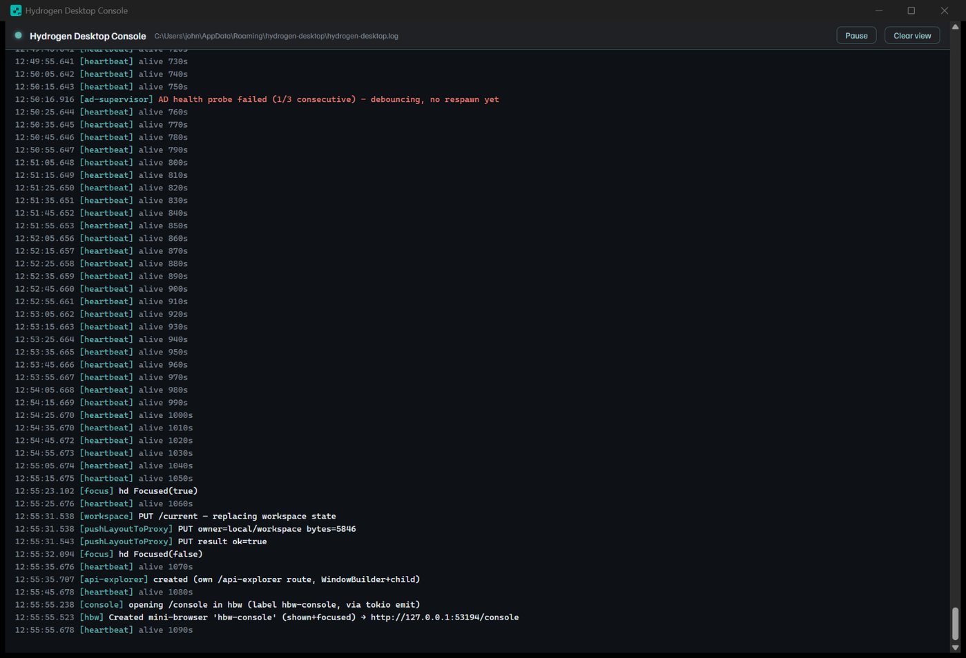 The Console: a live tail of Hydrogen's own log