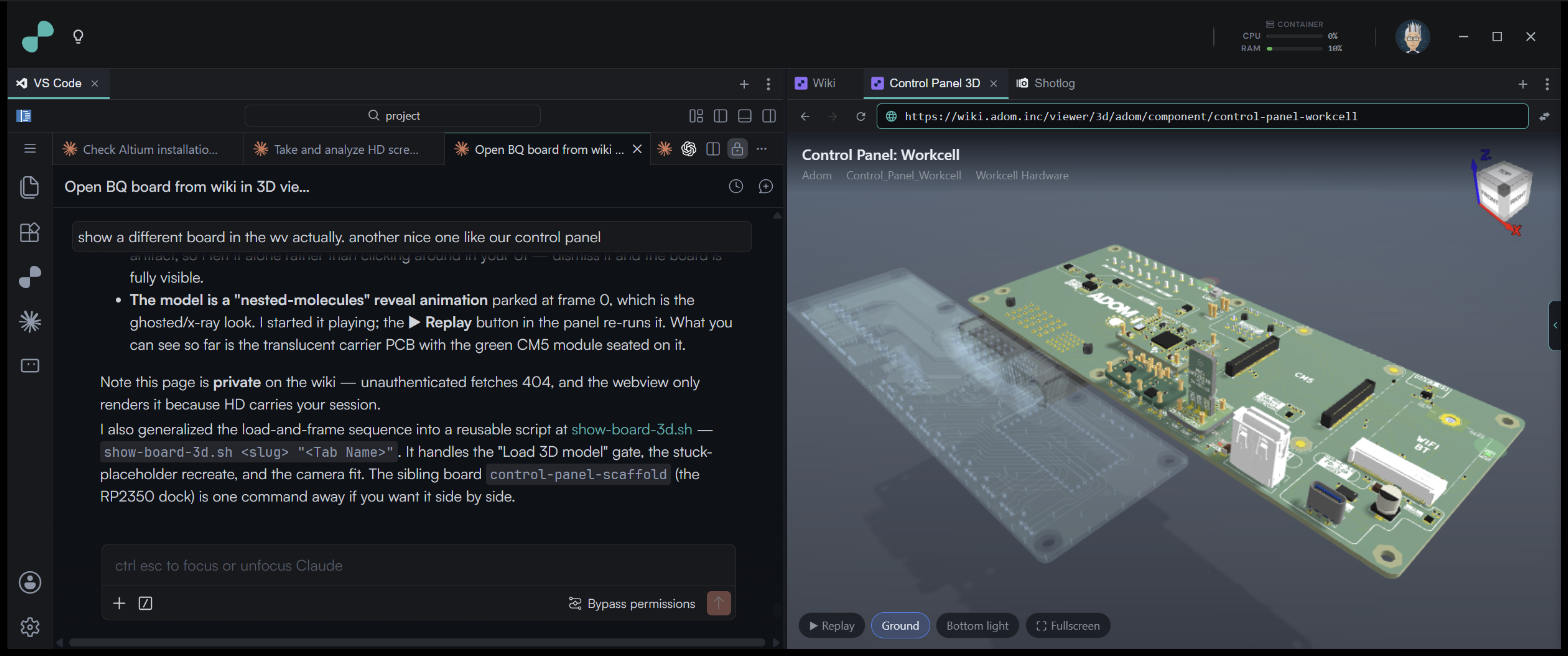 Real work, locally: an AI thread scripting the 3D viewer while a workcell control panel renders its assembly animation