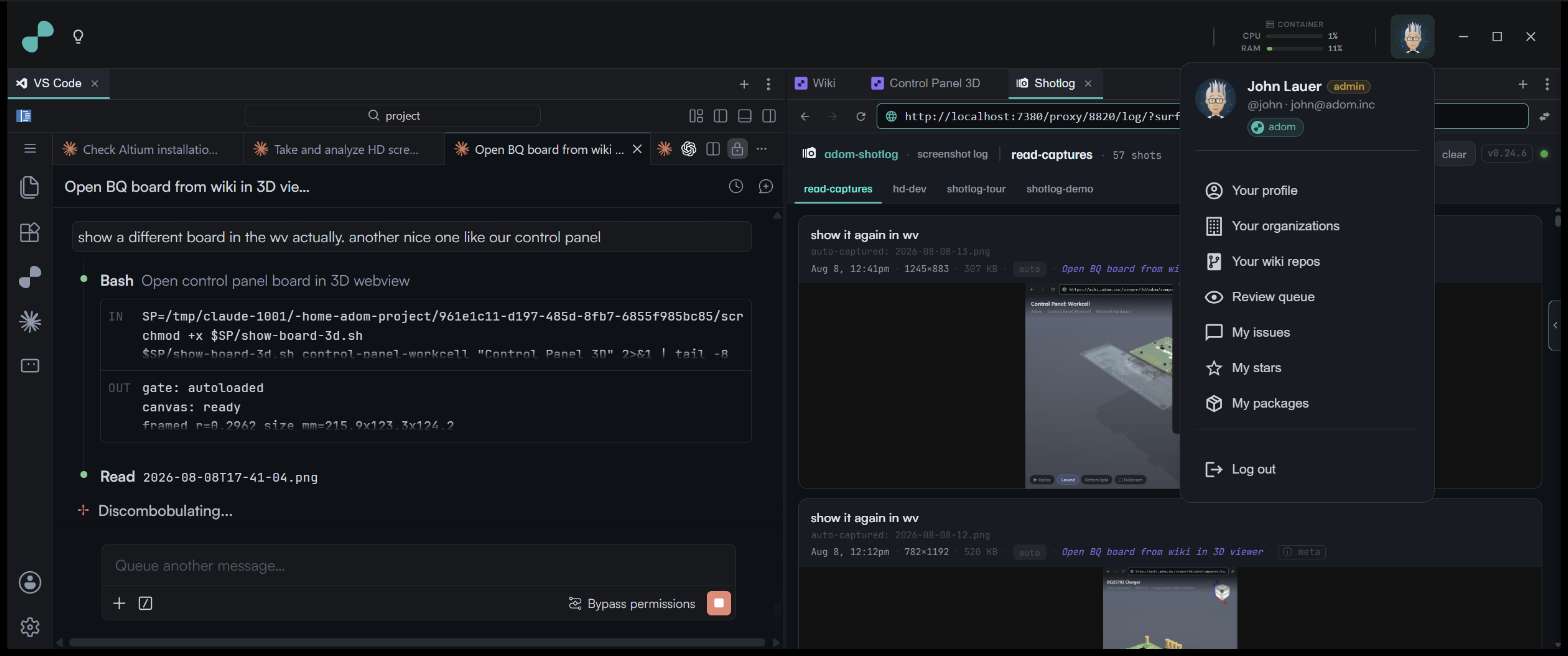 Your Adom identity, wired into the app: profile, orgs, wiki repos, review queue, packages