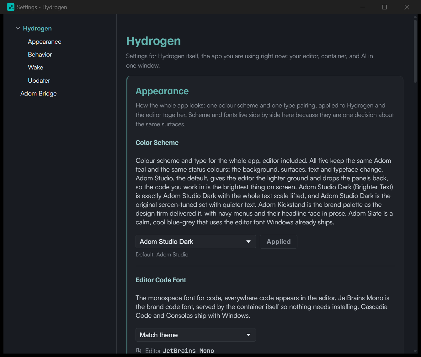 Settings: appearance, behavior, wake, updater, and Adom Bridge