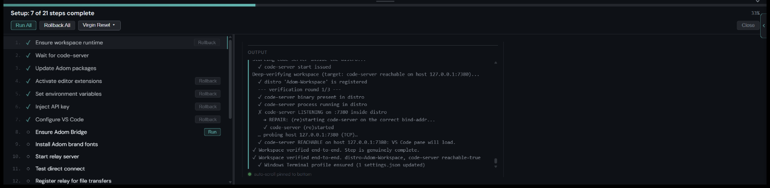 The setup cascade, reopened any time from the Adom menu: every step, its live output stream, and per-step run/rollback