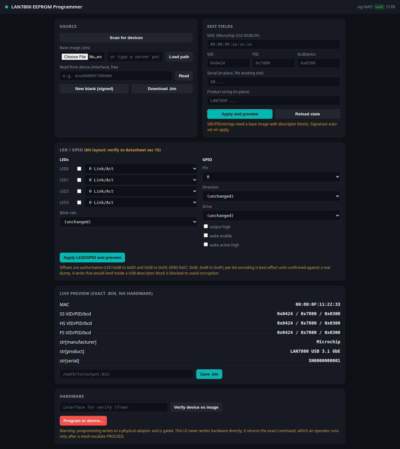 Webapp with an EEPROM loaded — byte-exact preview and field editor
