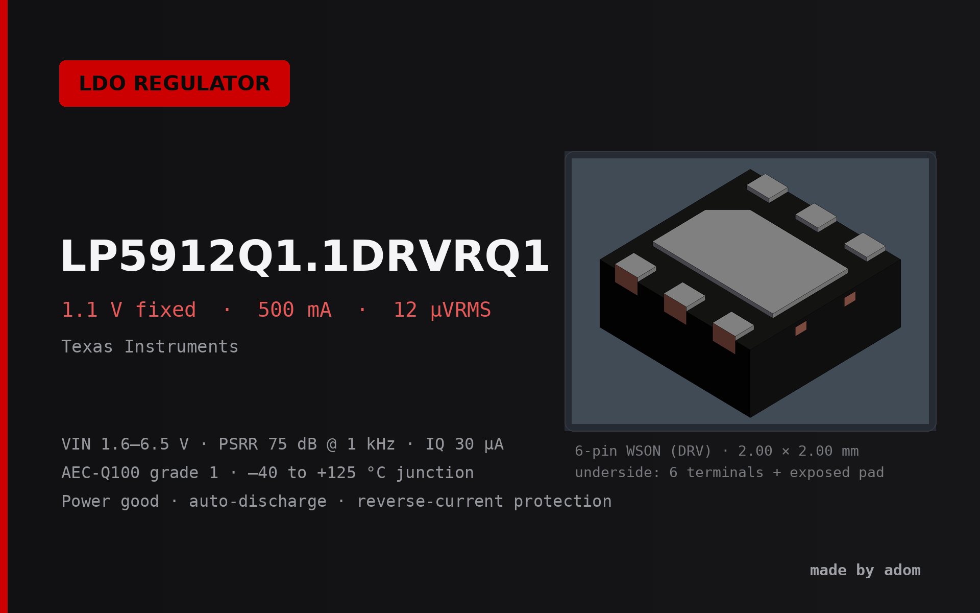 LP5912Q1.1DRVRQ1 — Automotive 500 mA Low-Noise LDO, 1.1 V (TI)