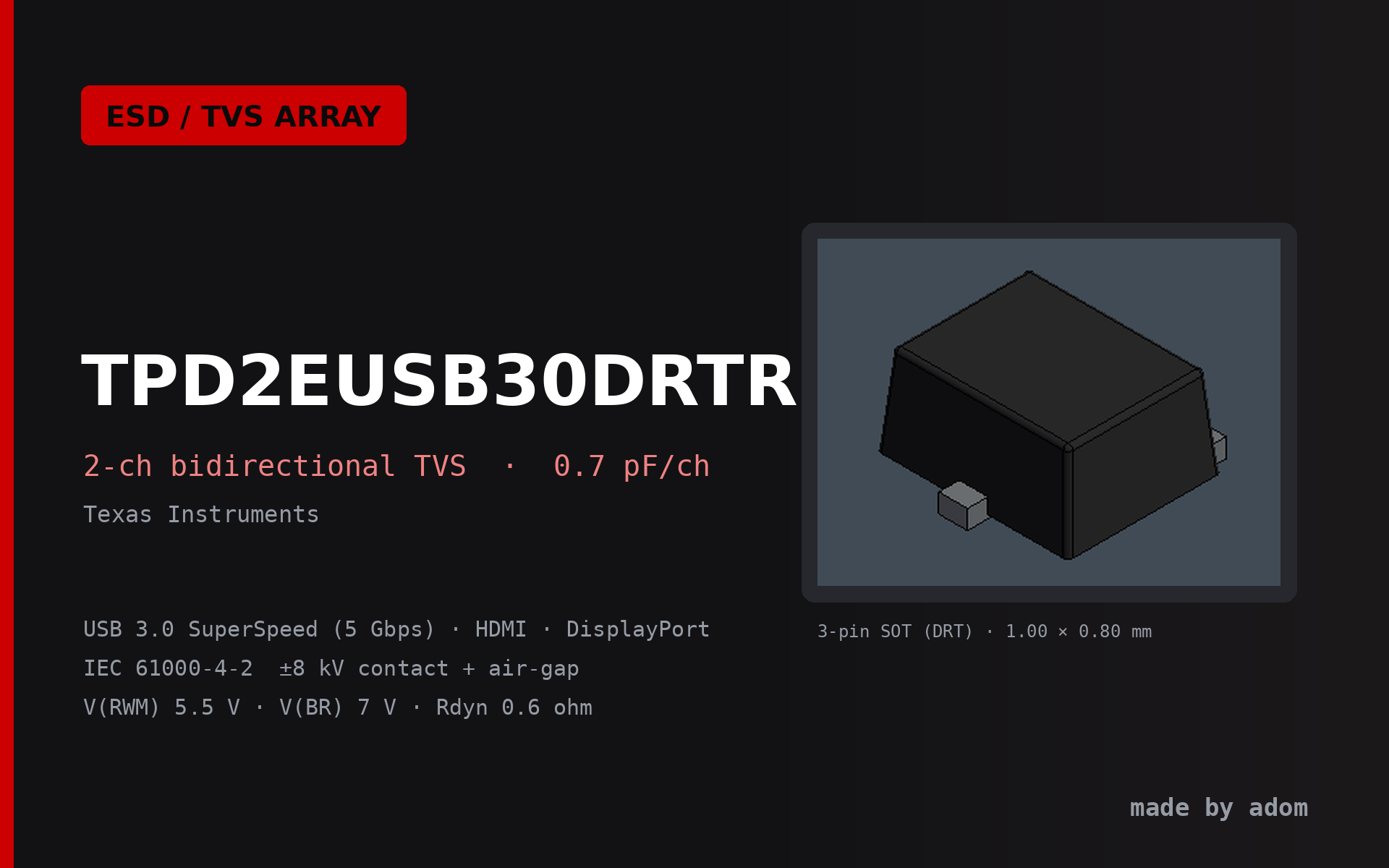 TPD2EUSB30DRTR — 2-Channel USB 3.0 TVS ESD Array (TI)