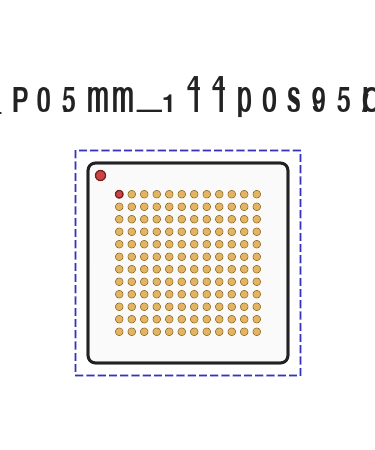caBGA-132 footprint render: 12 x 12 ball grid, A1 ball at top-left, faded circles show IceStorm-verified I/O balls vs TBD non-I/O positions.