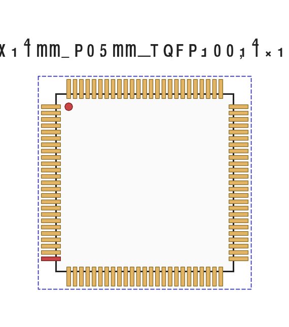TQFP-100 footprint render: 100 pads, 25 per side, pin 1 indicator at top-left, courtyard outlined in dashed blue.