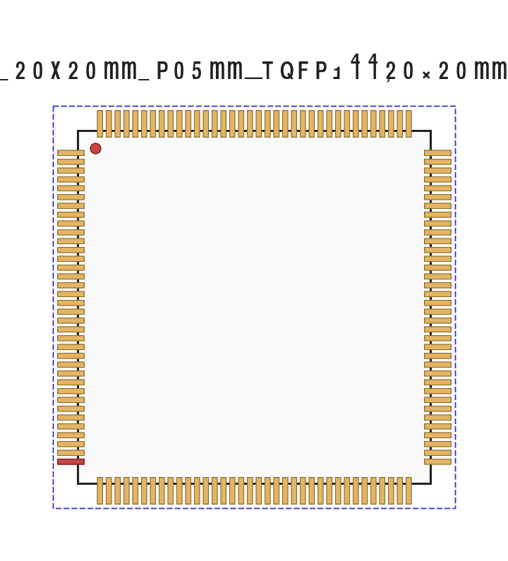 TQFP-144 footprint render: 144 pads, 36 per side, pin 1 indicator at top-left, courtyard outlined in dashed blue.