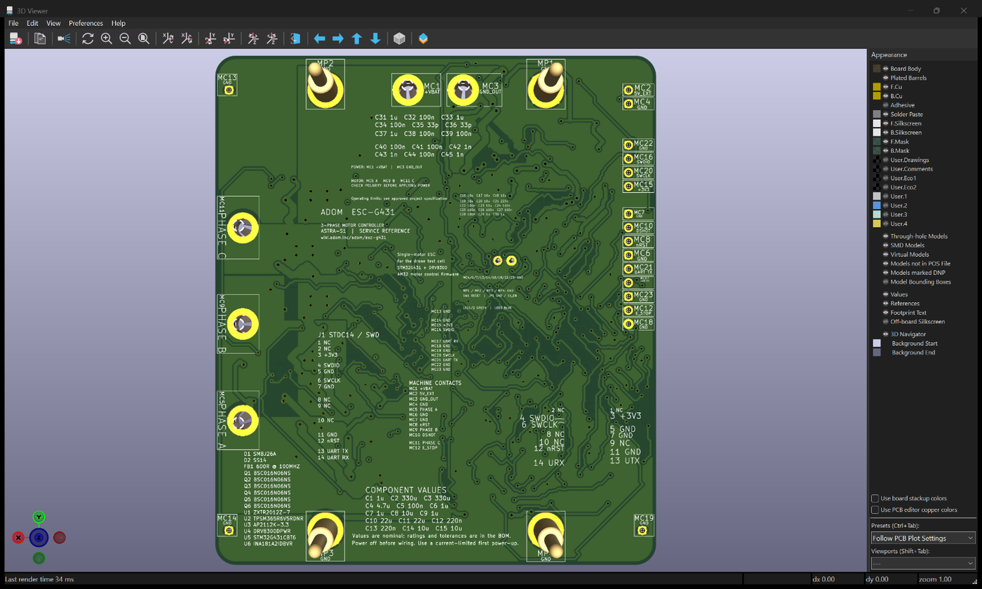 Native KiCad review evidence, not an analysis drawing or fullscreen video insert. v36 bottom includes the new interior board description; four documentation edge fallbacks remain.