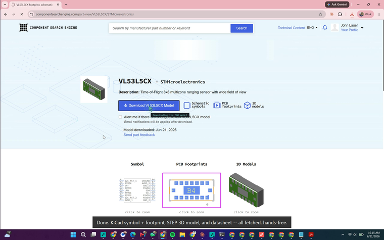 ComponentSearchEngine VL53L5CX page, the Adom cursor on Download Model, signed in as John Lauer